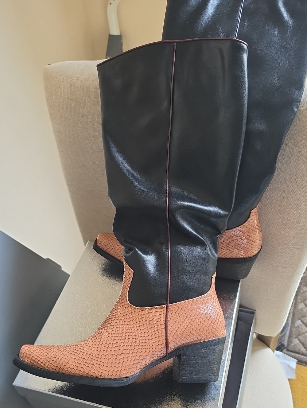 Leather Two-Tone Knee Boot - Black & Tan